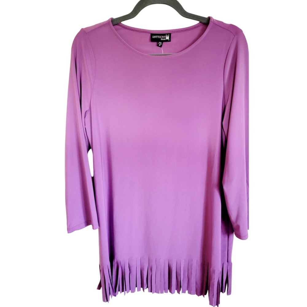 Antthony M Jersey Knit‎ Long Sleeve Fringe Tunic Purple Slinky USA Stretch NWT